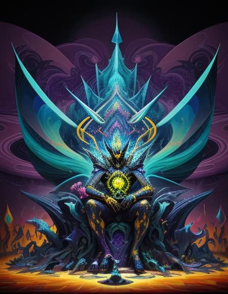 enigmatic demon king sitting on a cosmic altar, a horde of minions in front of then, enchanted garden filled with unusual creatures