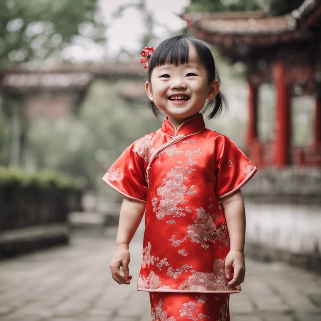Smiling toddler Chinese girl with red qipao