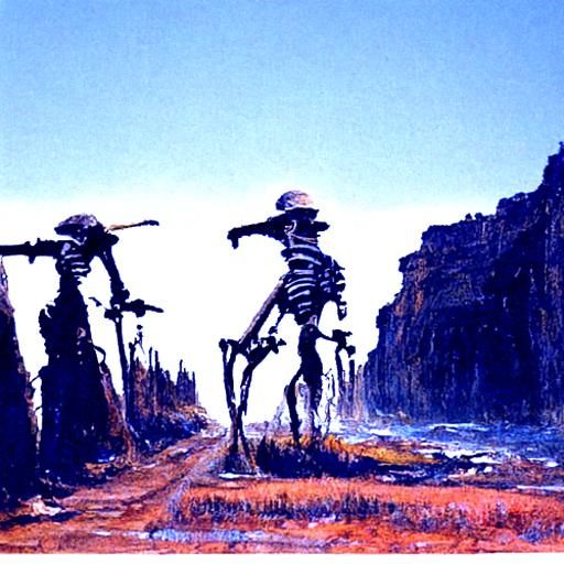 Skeletons walking across a beautiful landscape