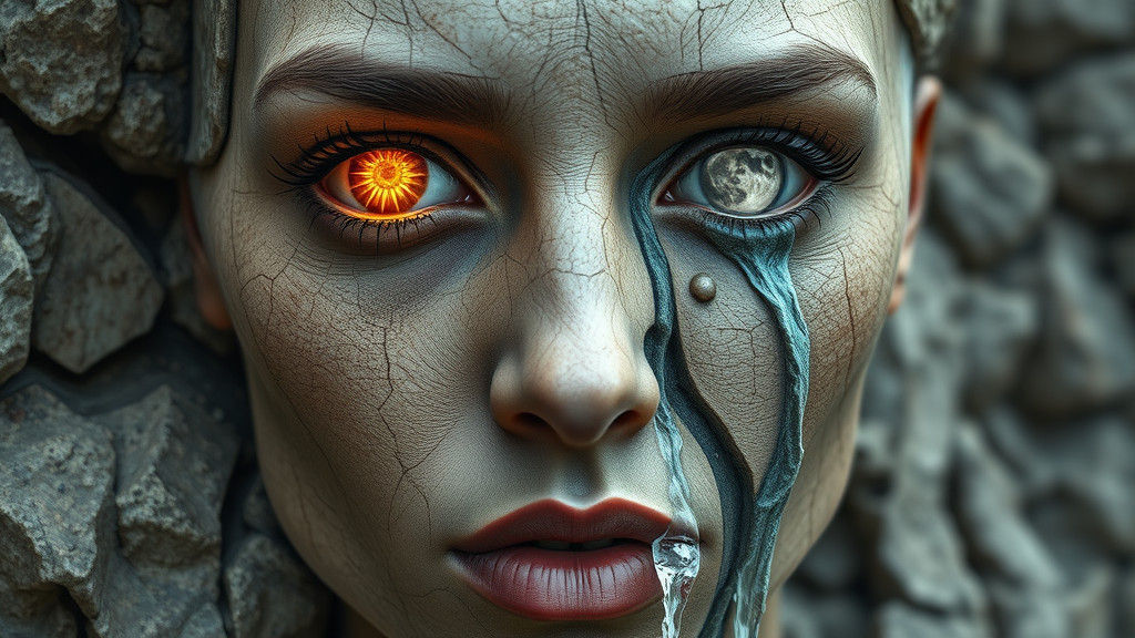  a woman's face, blending organic and geological textures, with Sun&Moon eyes  by @blenta