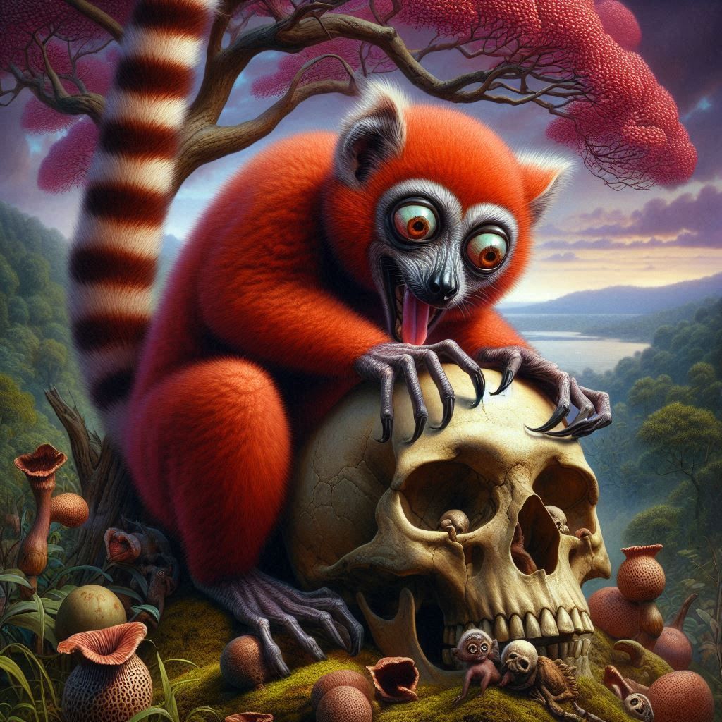 Red Lemur Digging Up Bones