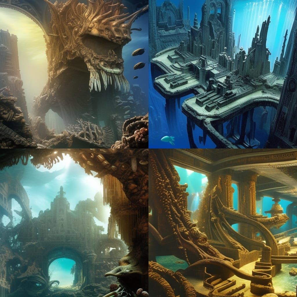 Atlantis in ruins, inhabited by the beasts of the deep