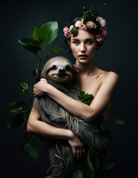 A sloth wrapped in vines, by Bella Kotak,  spotlight from above on a dark background.   by @ArtByAj