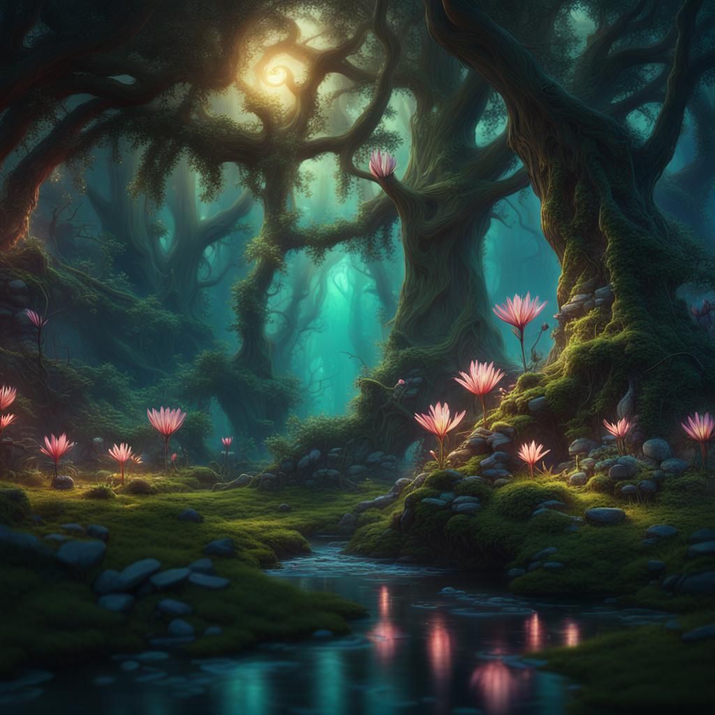 An enchanting, mythical forest scene brought to life with gl...