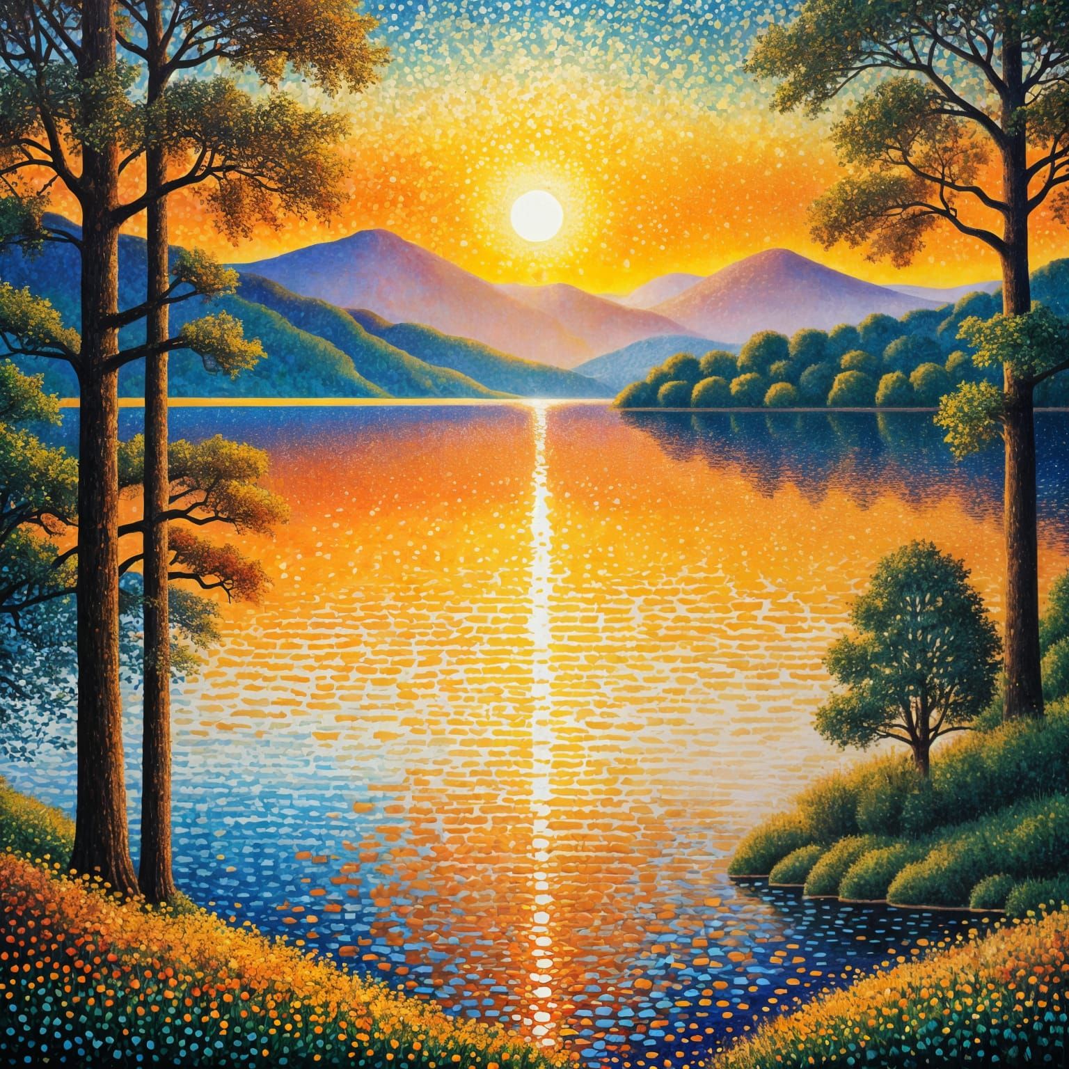Pointillism Lake Sunset  by @Lunarelle