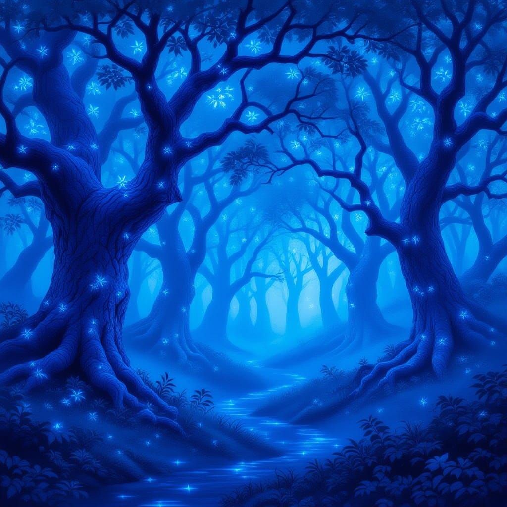 Magical Blue Forest at Night with Ethereal Glow