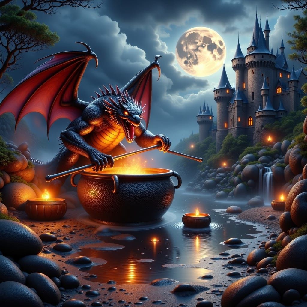 <lora:Winged Creatures:1.0>A Dämon Beast in dark golden demeanor rowing in a firey glowing bubbling cauldron, on a Cliffside beside an ancie...