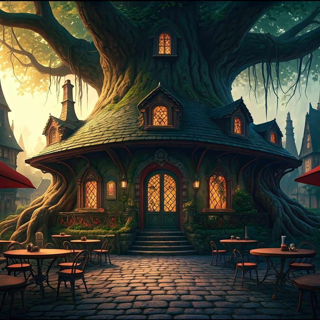 Enchanted cafe built into the trunk of a huge, wide tree, cobblestones on the floor a few tables outside, sunset lighting, vivid, 