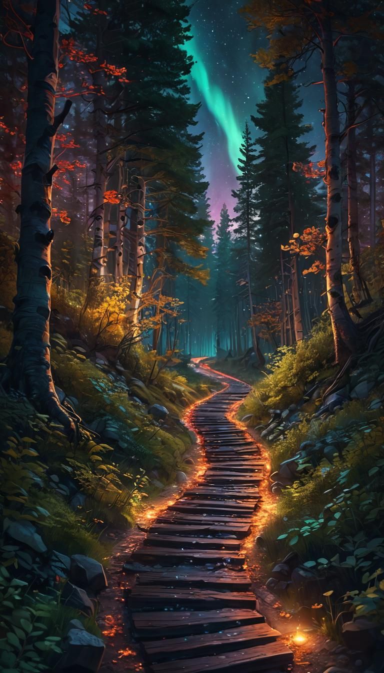 path through the forest in spring, moon,stars,aurora boreali...
