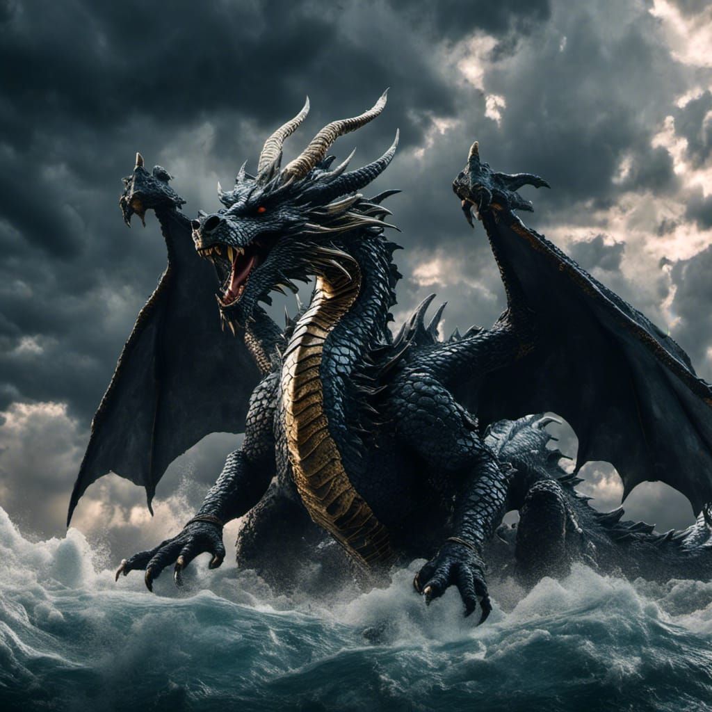 Angry ancient black dragon with storm clouds in the background. <lora:Dragon Style:1.0> 