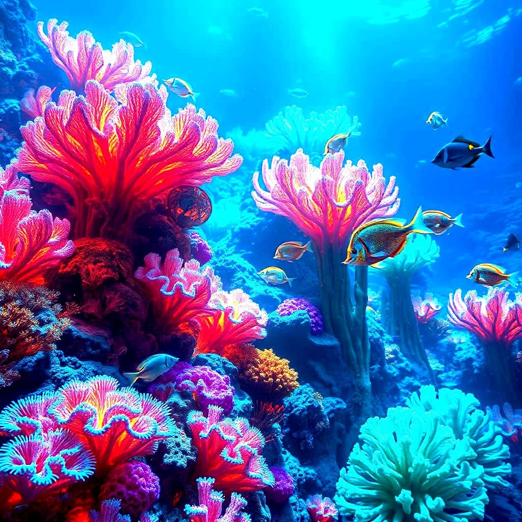 A vibrant underwater landscape with colorful corals  by @undefined