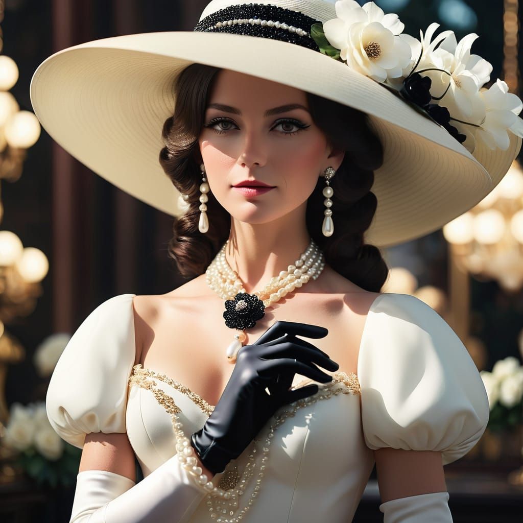 a female aristocrat wearing a large, black wide-brimmed hat and multiple pearl necklaces, a long white dress with a blac...