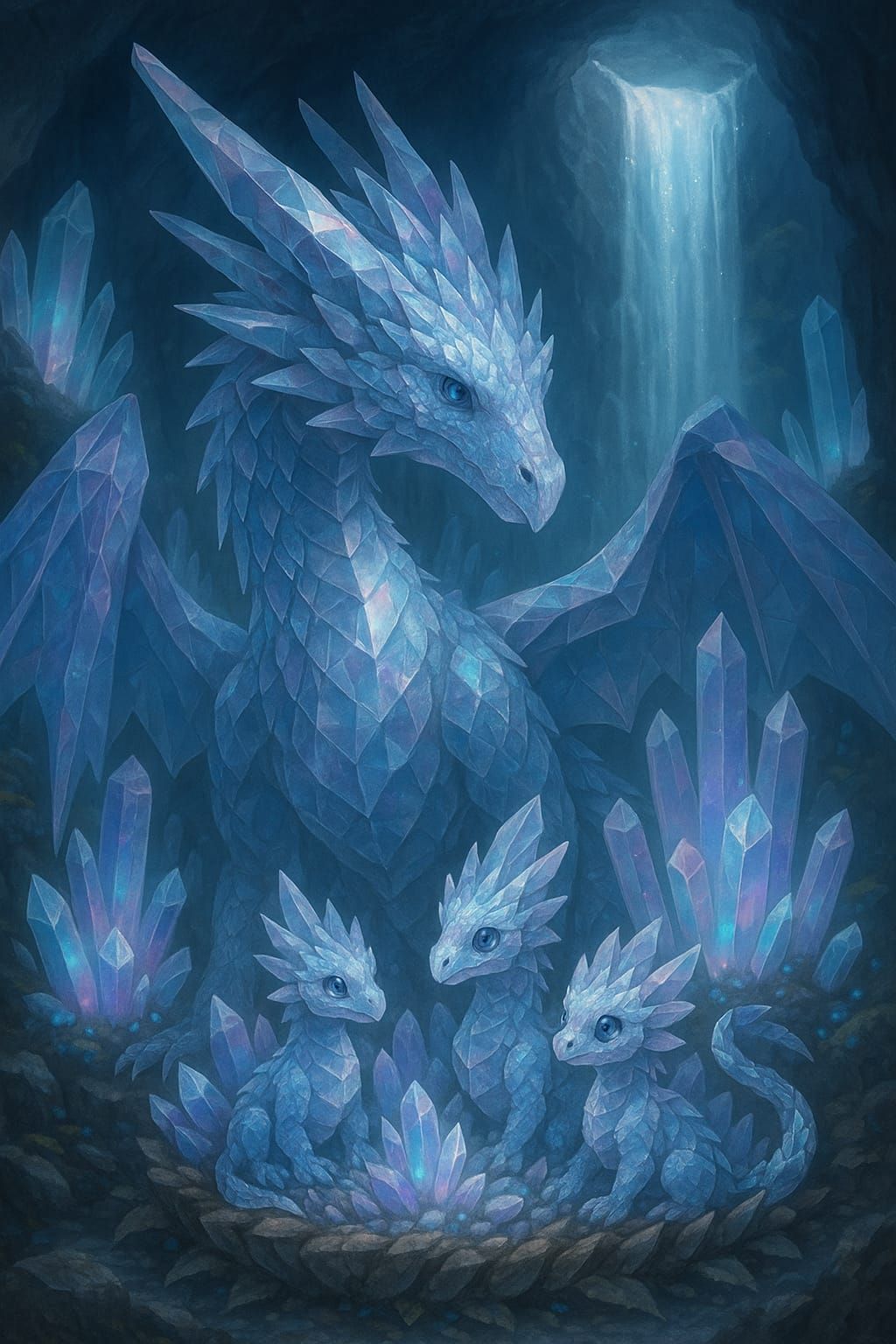 Crystal Dragon Family in Luminous Cavern
