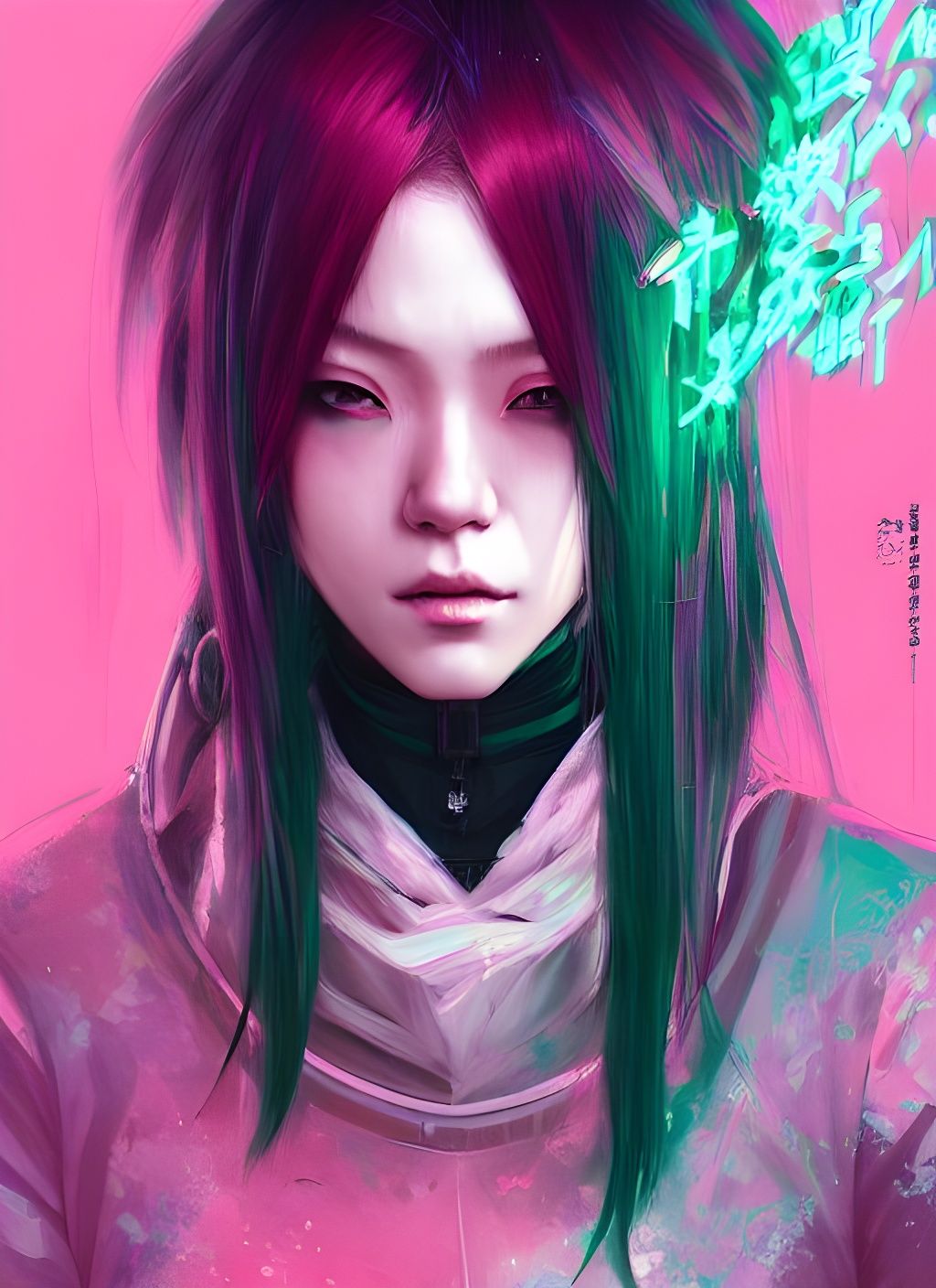 Cyberpunk Japanese Woman in Pink and Green Streetwear