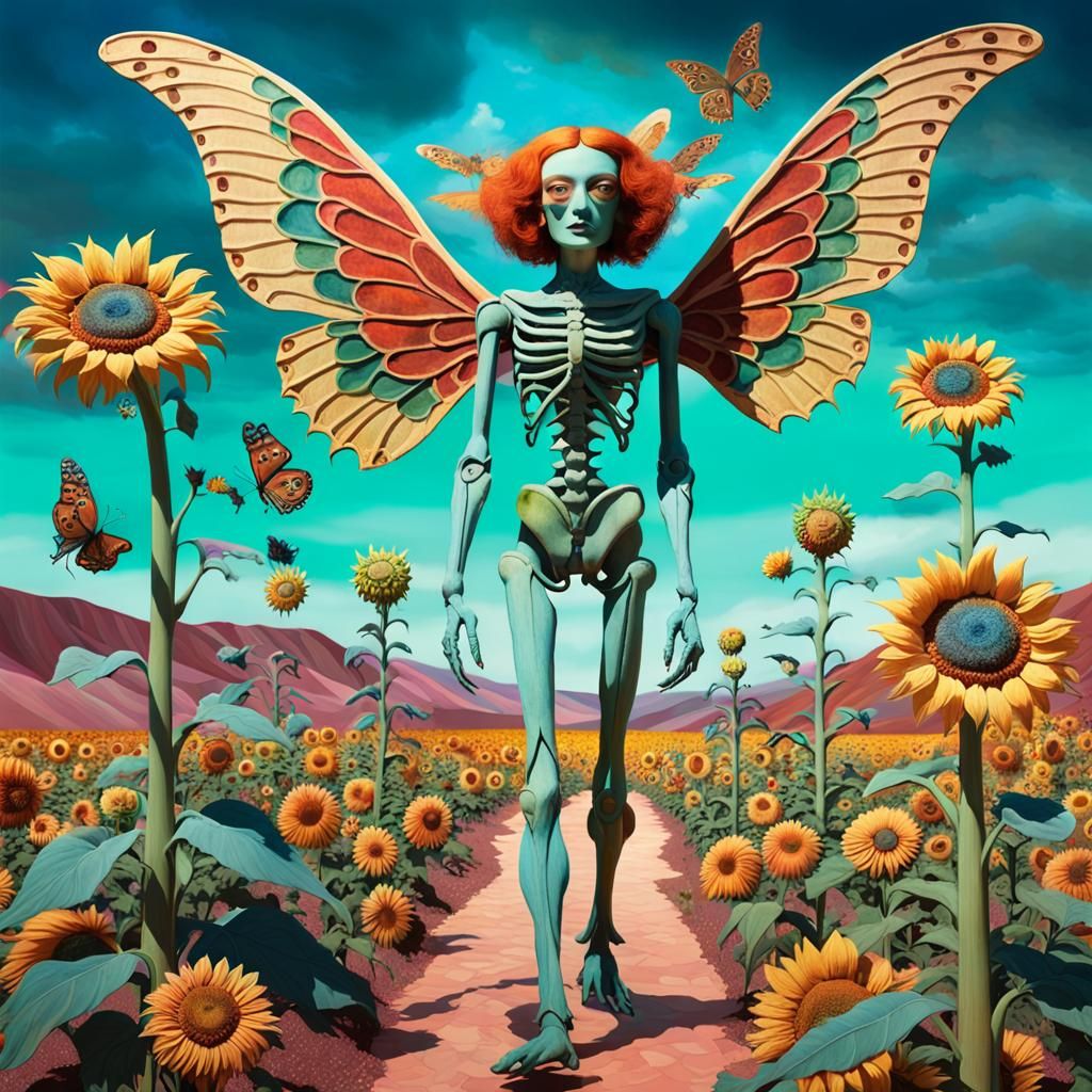 Surreal dreamlike landscape made of  candy and bones uncanny machine Android  human hybrids  cyborg mecha  Dali winged skeleton green fish F...