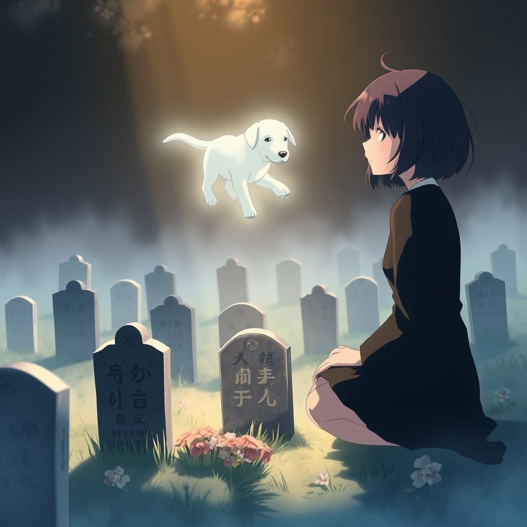 Ethereal Anime Scene: Woman and Labrador Spirit