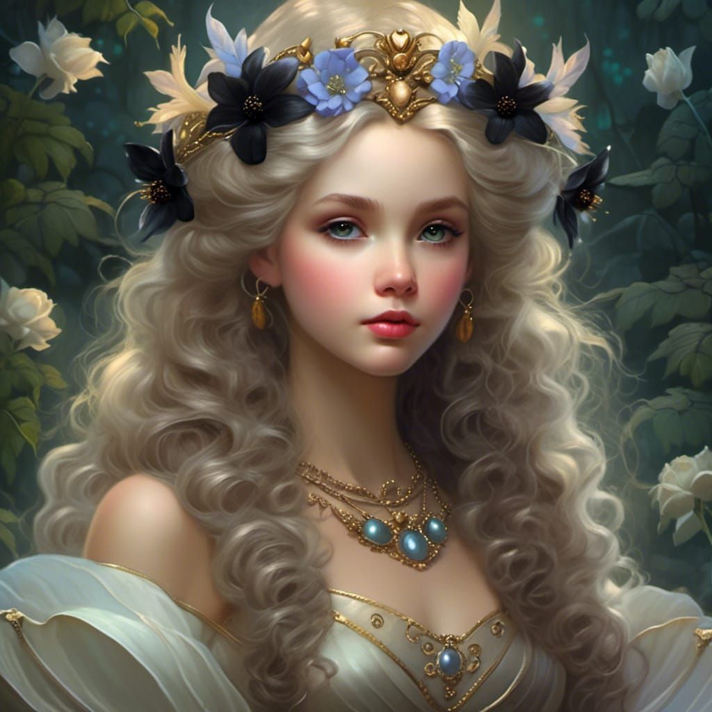 Delightful fairy princess, wearing a little crown, soft tones fairy ...
