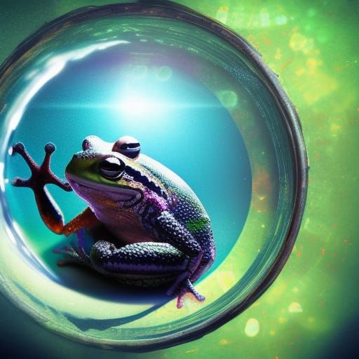 amphibian inside orb looking at dim sun Hyperrealistic, splash art