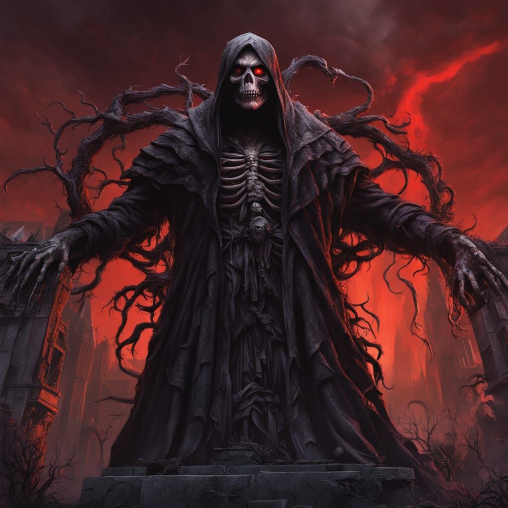 colossal skeletal reaper fused with gothic necropolis cathedral, towering skull-faced figure emerging from blackened spires, intricate bone ...