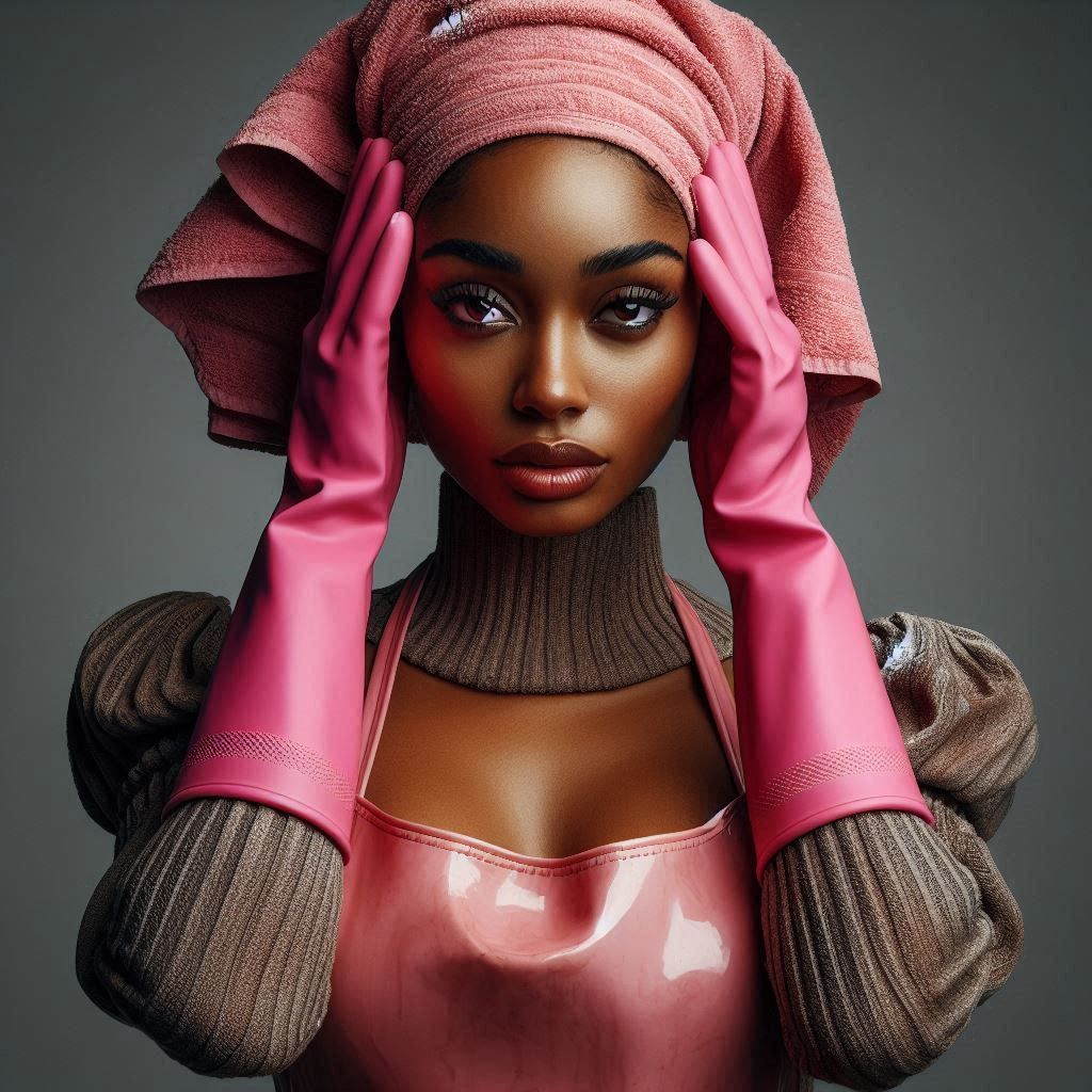 A petite woman in her 30ies cupping her head in her rubbergl...