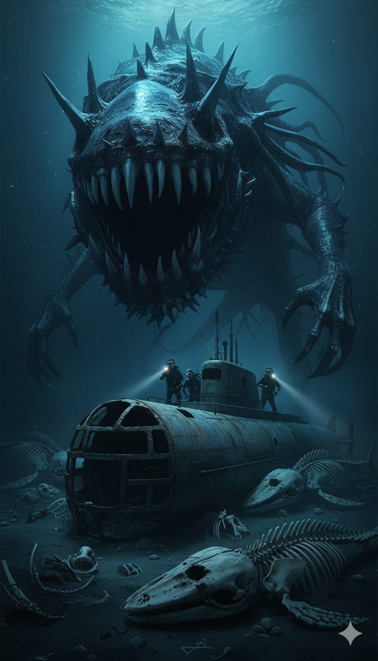 Terrifying cosmic horror final moments scene of scared and curious scuba divers wearing special gear making them immune to the immense water pressure encountering skeletons of blue whales and the bloop sea monster in 1995 after discovering a sunken submarine at the bottom of the pacific.