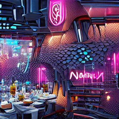 Bright detailed nanotech cyberpunk restaurant and bar