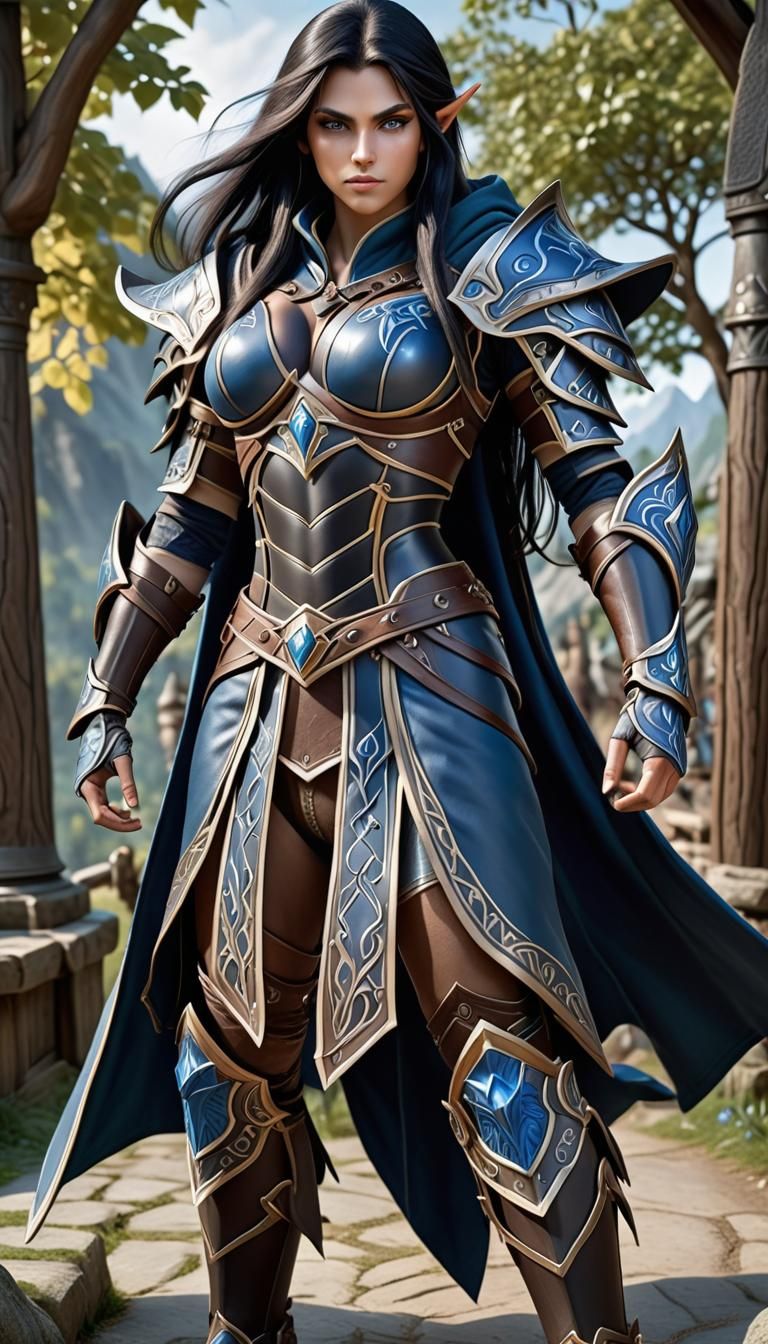 mighty wood-elf ranger. Black long hair. Gorgeous big bosom. Athletic. An aura of leadership. Powerful brown eyes. Wearing intricately detai...
