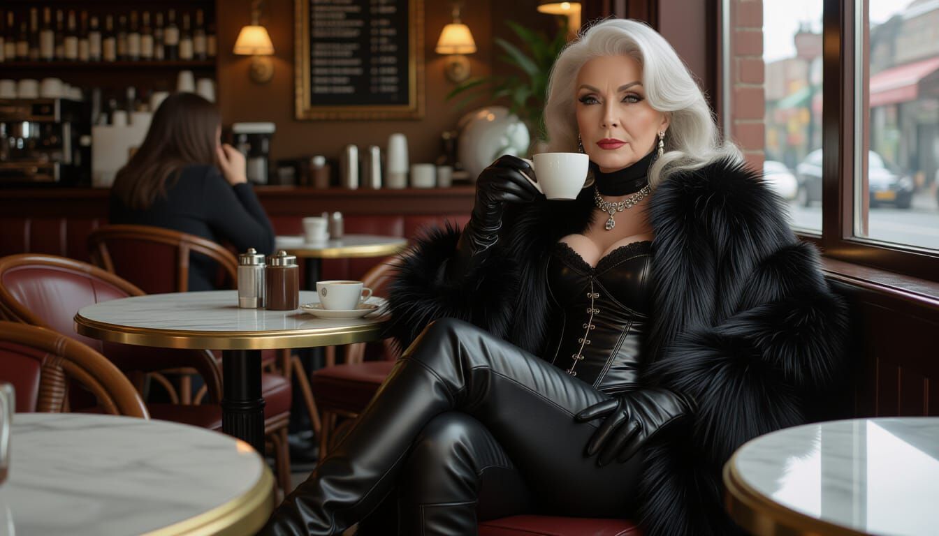 A grey/blonde 70 year old sits in a busy cafe in Harpenden, suggestively sipping at a cup of coffee. Her face is slightly wrinkled. She wear...