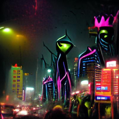dark neon alien city; The King's Procession