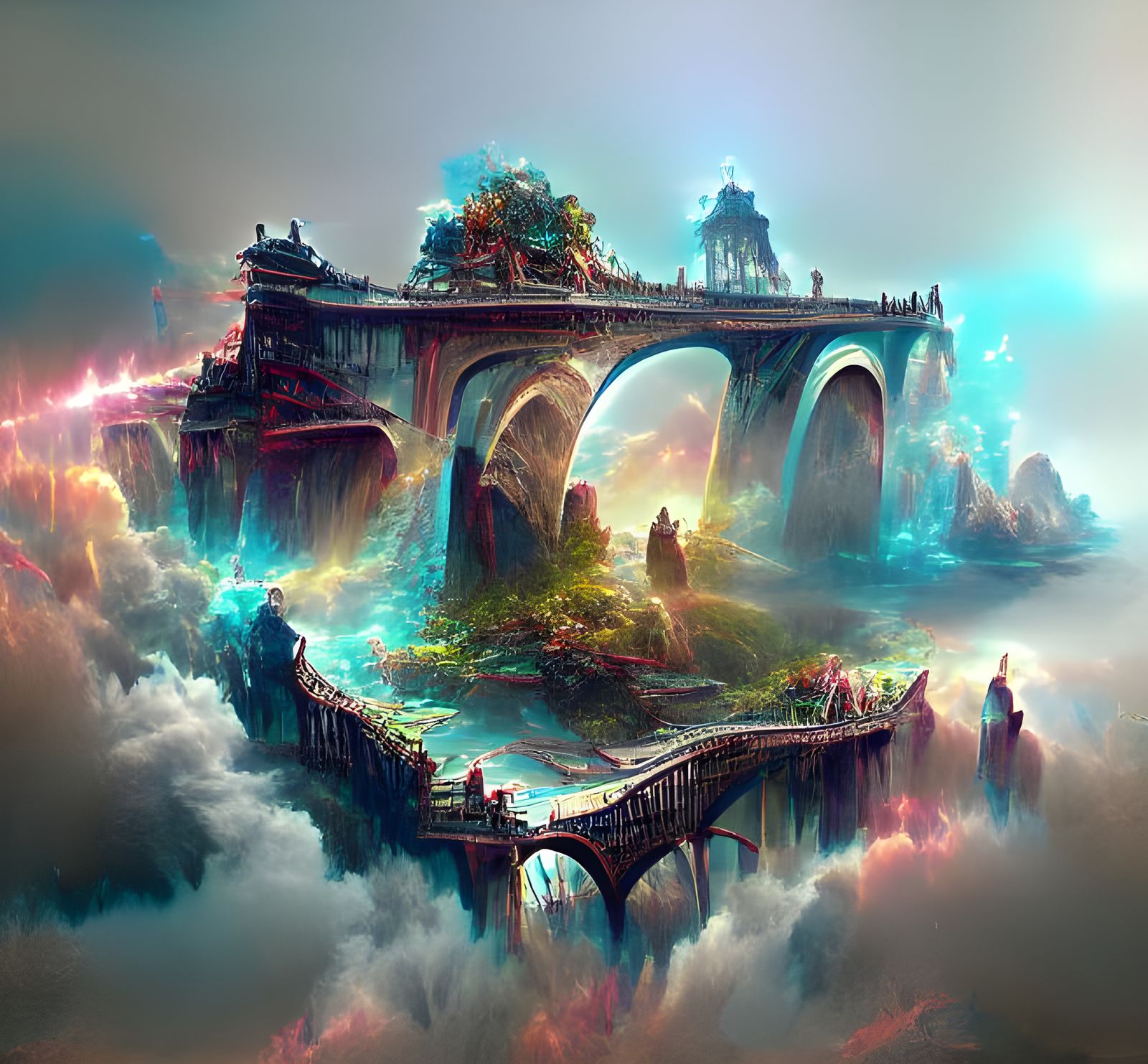 a beautifully detailed painting of a magic ancient bridge, b...