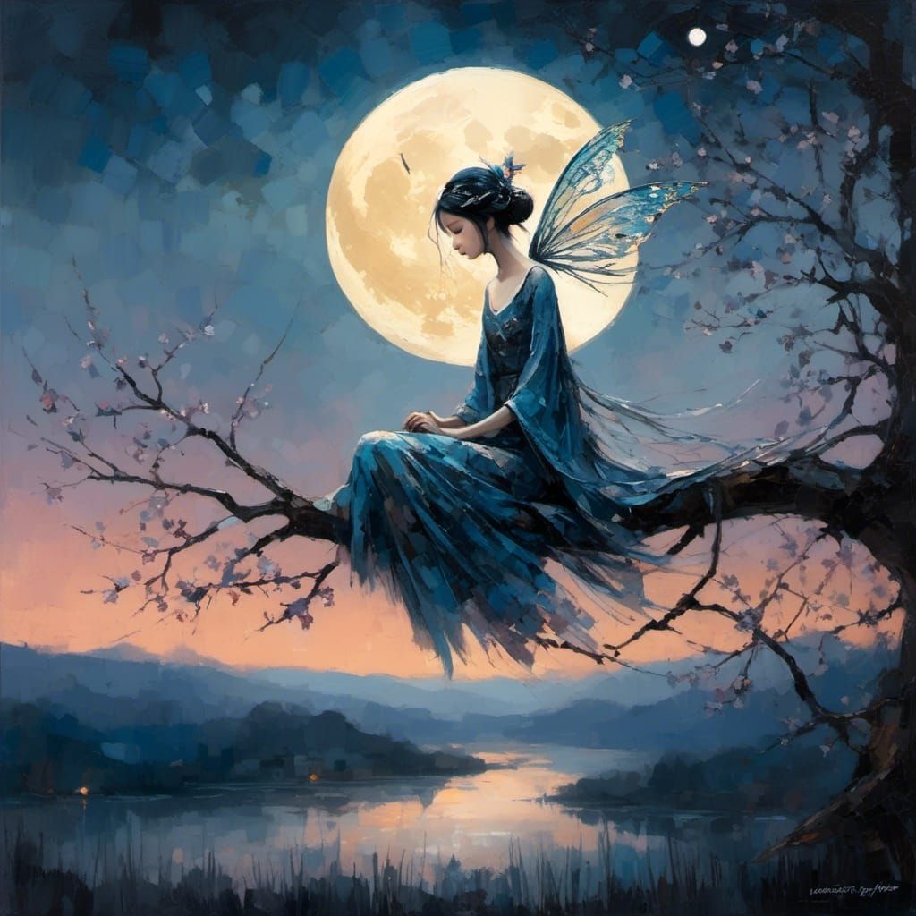 <lora:My Dreams:1.0> A lone fairy resting on a branch at twilight.