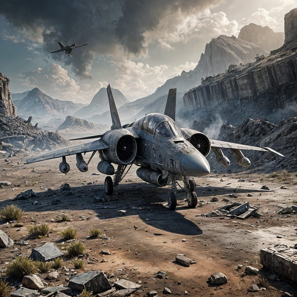 Wrecked Fighter Jet in Desolate Landscape