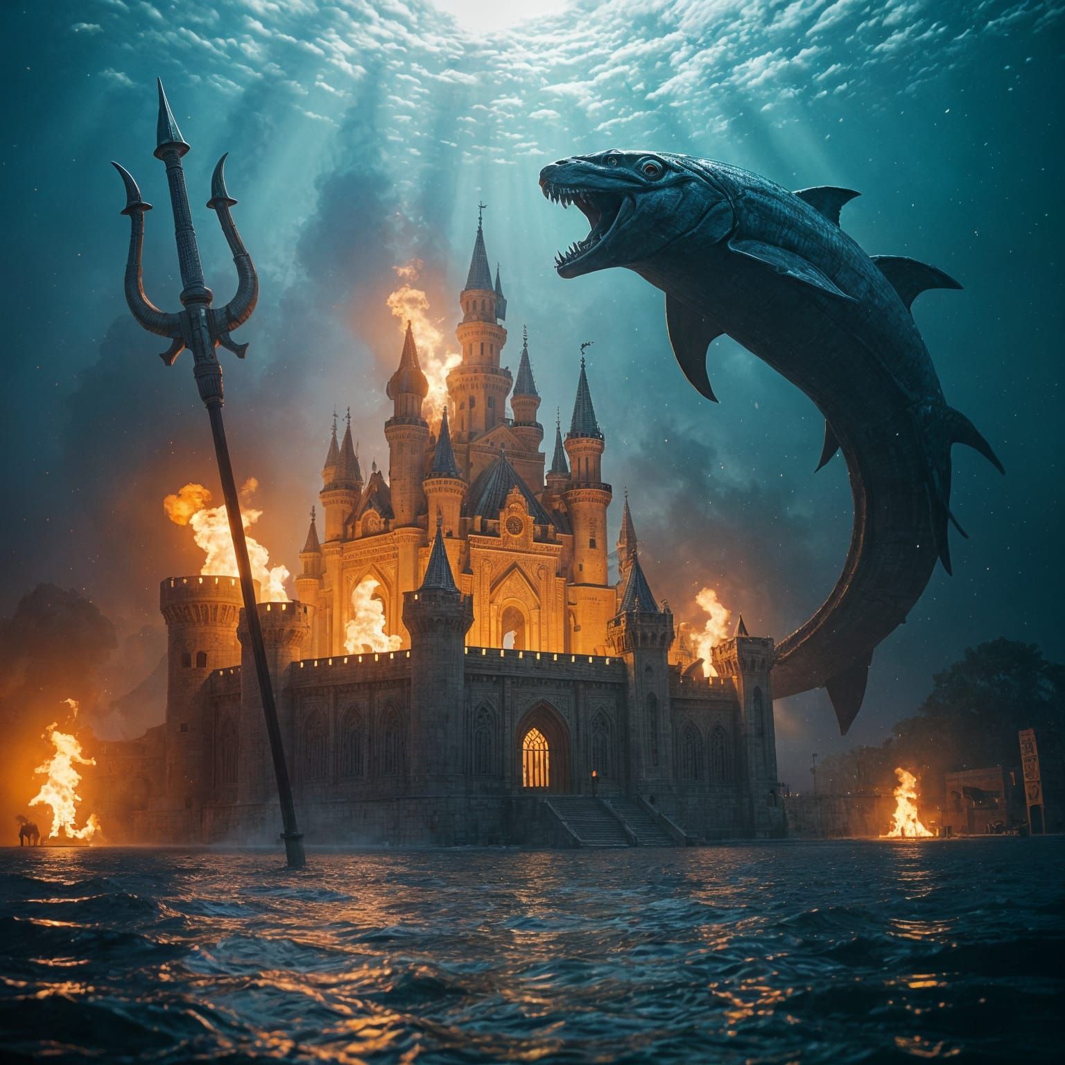 Underwater Castle Ablaze Fought by Neptune Over Leviathan