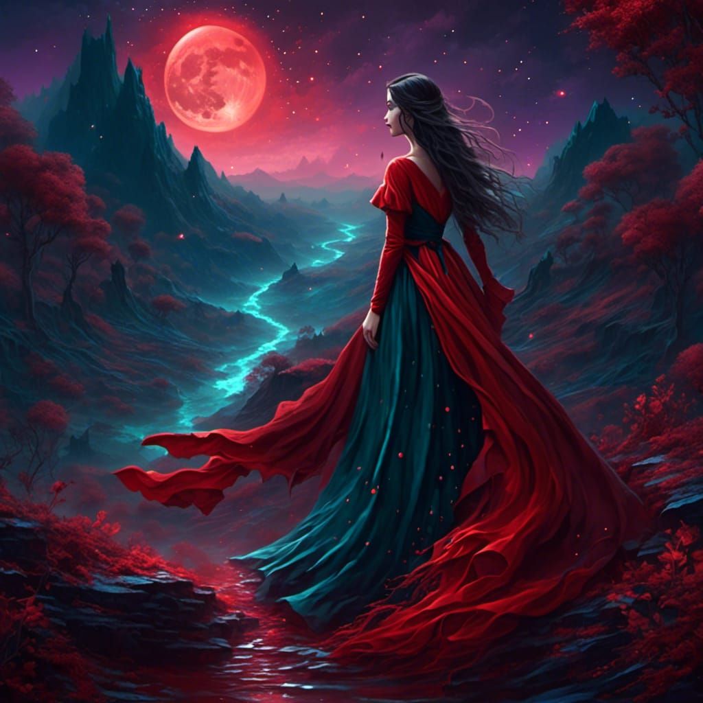 A female mage in a beautiful blood red dress and blood red eyes eyes observing an awe-inspiring cinematic fantasy lanscape, perfect composit...