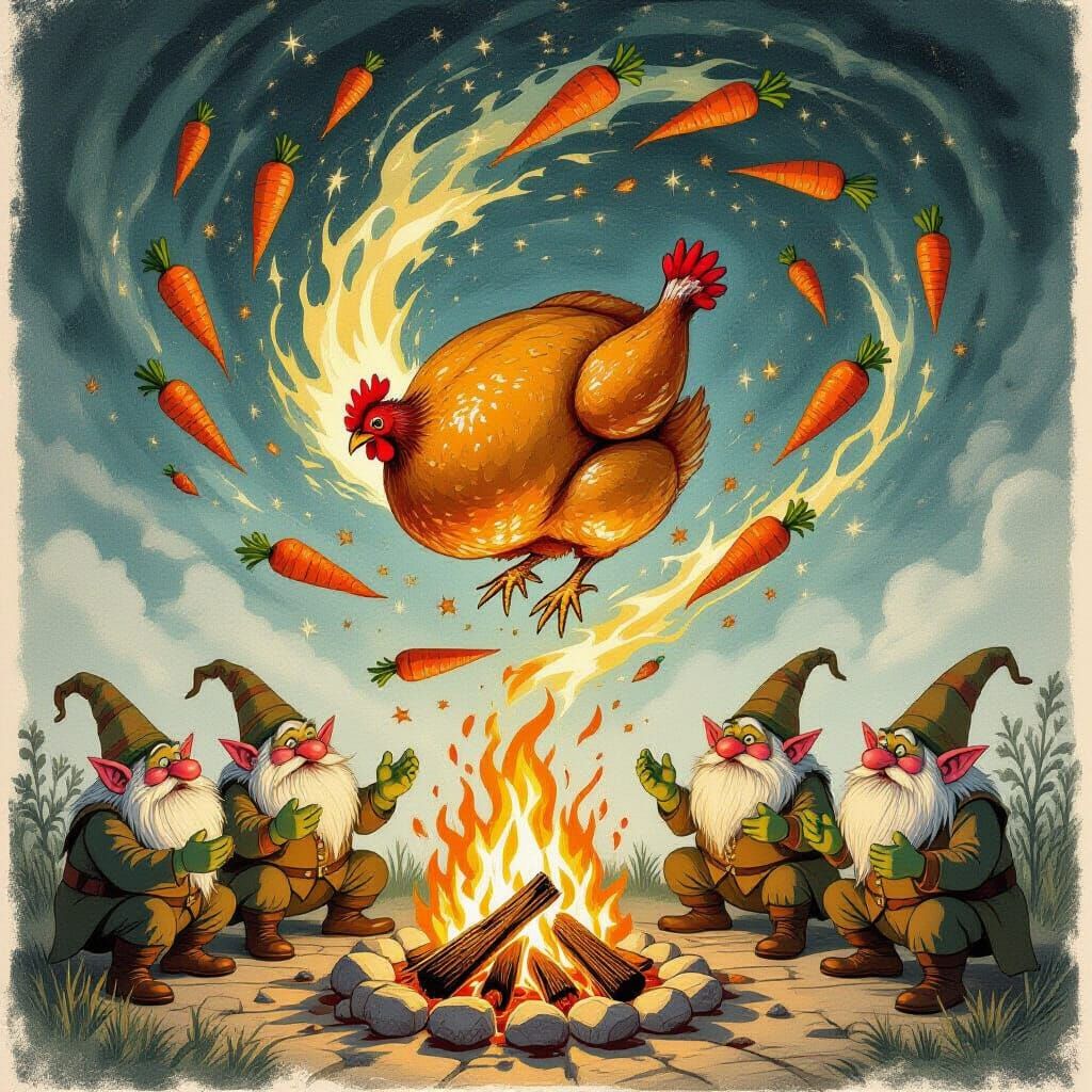 A large roast chicken spinning in the air with carrots and potatoes whirling around the chicken in a tornado fashion with little sparks burs...