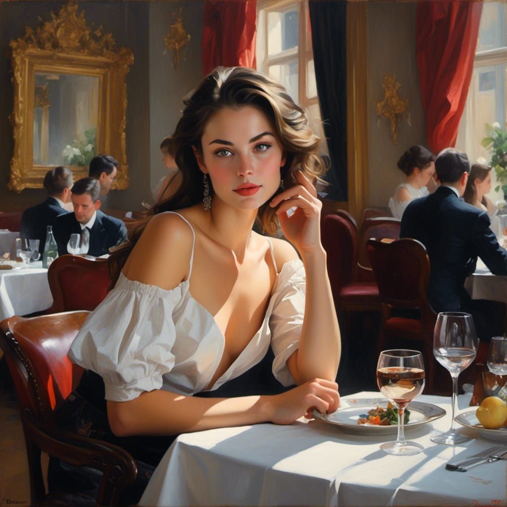 <lora:Beautiful Visions:1.0> Beautiful portrait of a brunette dining in a fine restaurant in Vienna