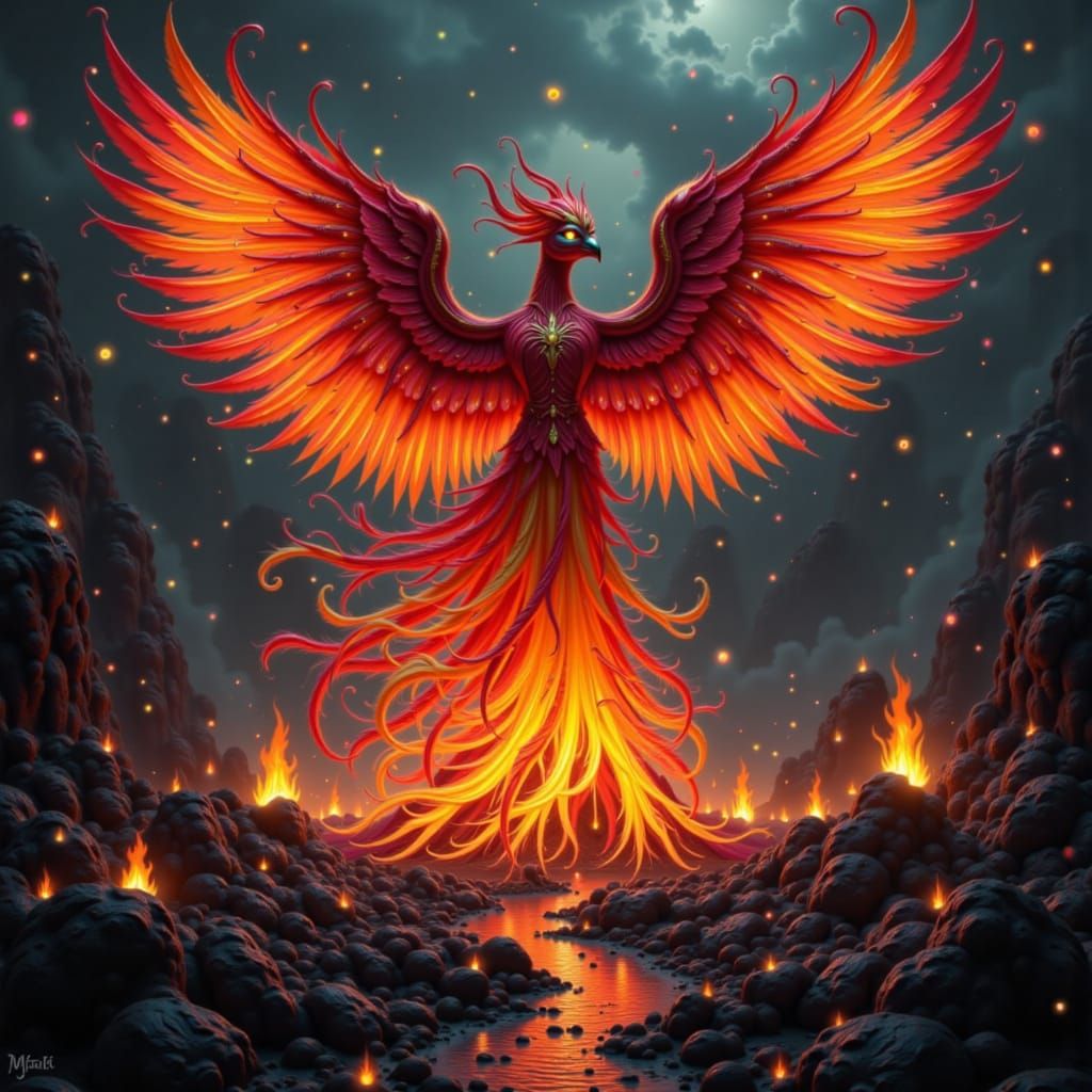 Digital art. Medium shot. A phoenix rises from a pyre of burning embers, its feathers a brilliant shade of fire red. The flames dance and fl...