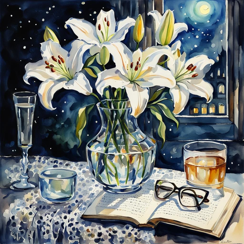 a sprig of white lilies in a clear crystal vase, an open Koran and glasses on a lace tablecloth. dim moonlight from the window, a serene nig...