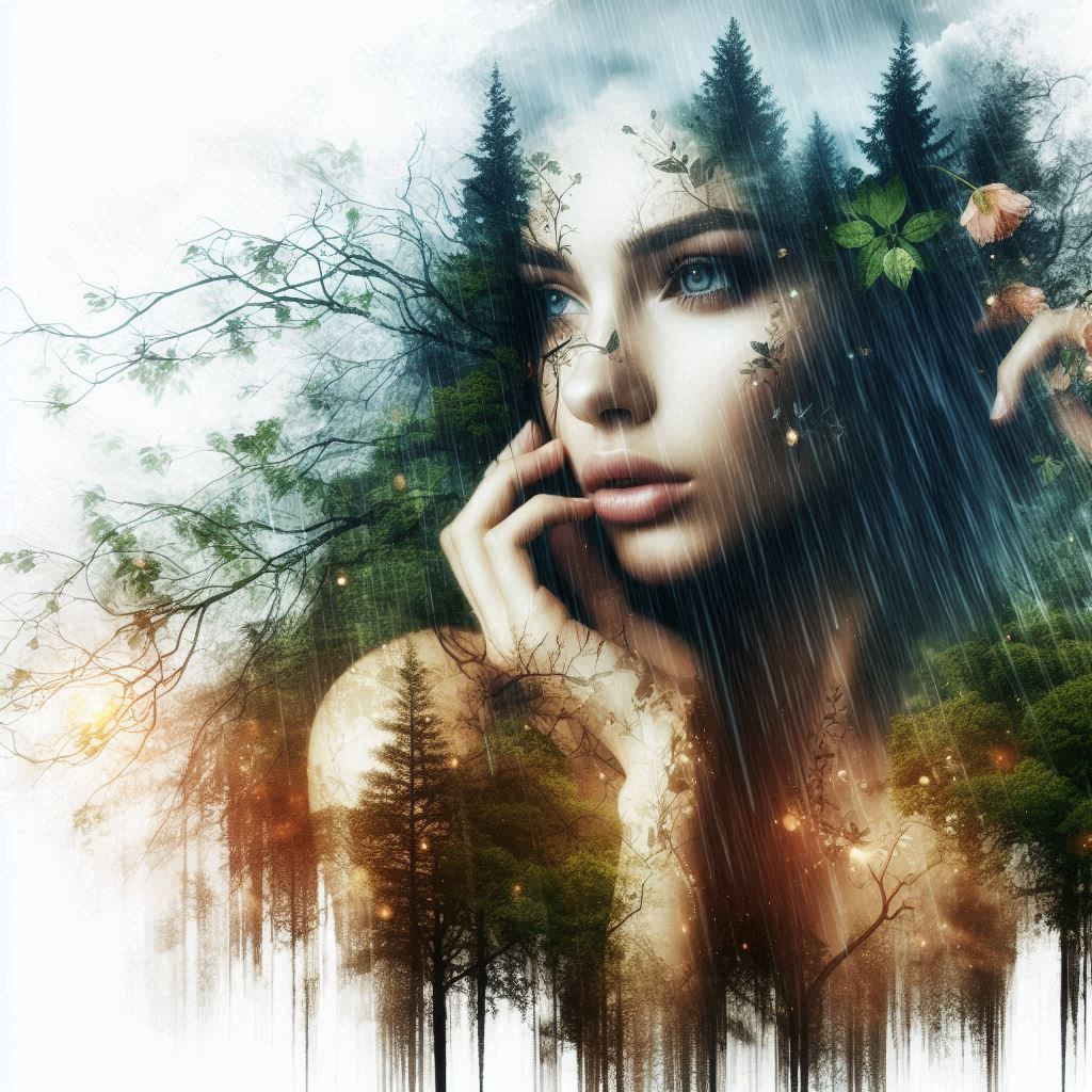 double exposure beautiful fantasy DALL-E 3 portrait landscape..