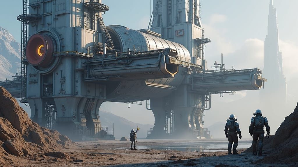 picture of a realistic space station with a laser cannon actively under construction being built by a team of futuristic robots and people i...