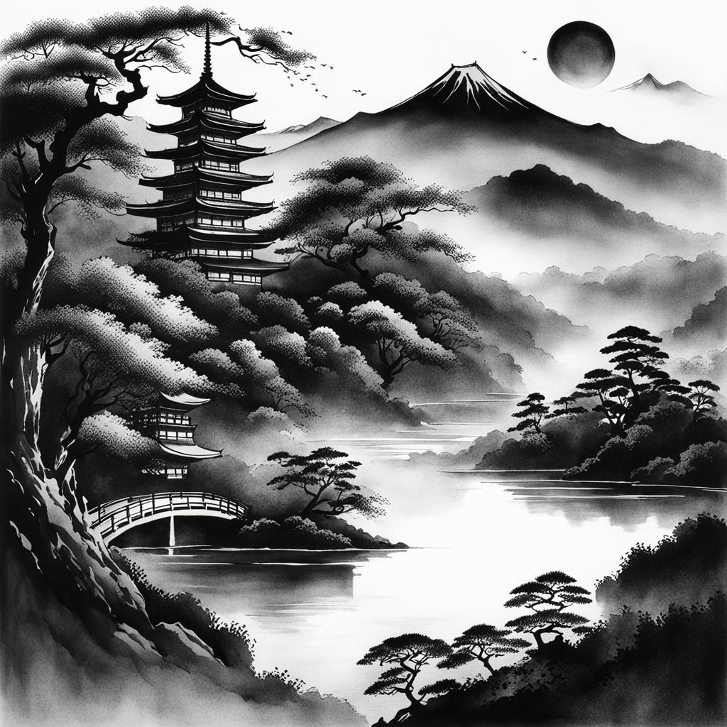 Black And White Japanese Landscape 6 - Ai Generated Artwork - Nightcafe 