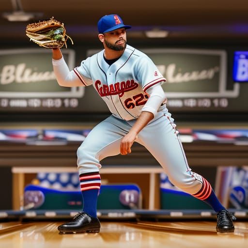 Wrong ball game: baseball player in a bowling alley (he doesn,t even know how to use a glove correctly!)  by @That cinema teacher
