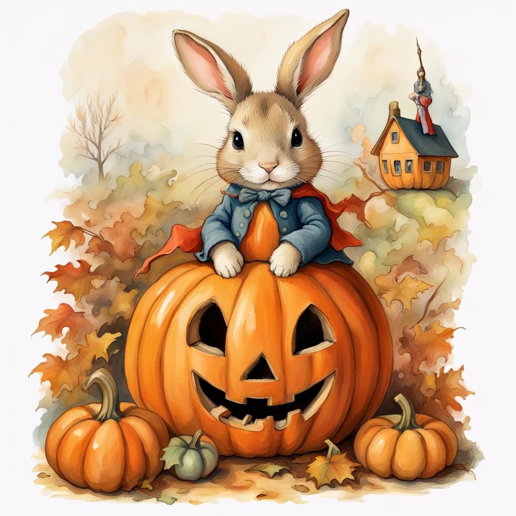 “adorable bunny on top of a Halloween carved pumpkin jack-o’-lantern. 🎃 ...