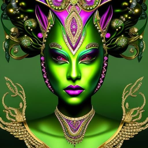 Full Body Noir painting of a beautiful Green skinned Alien W...