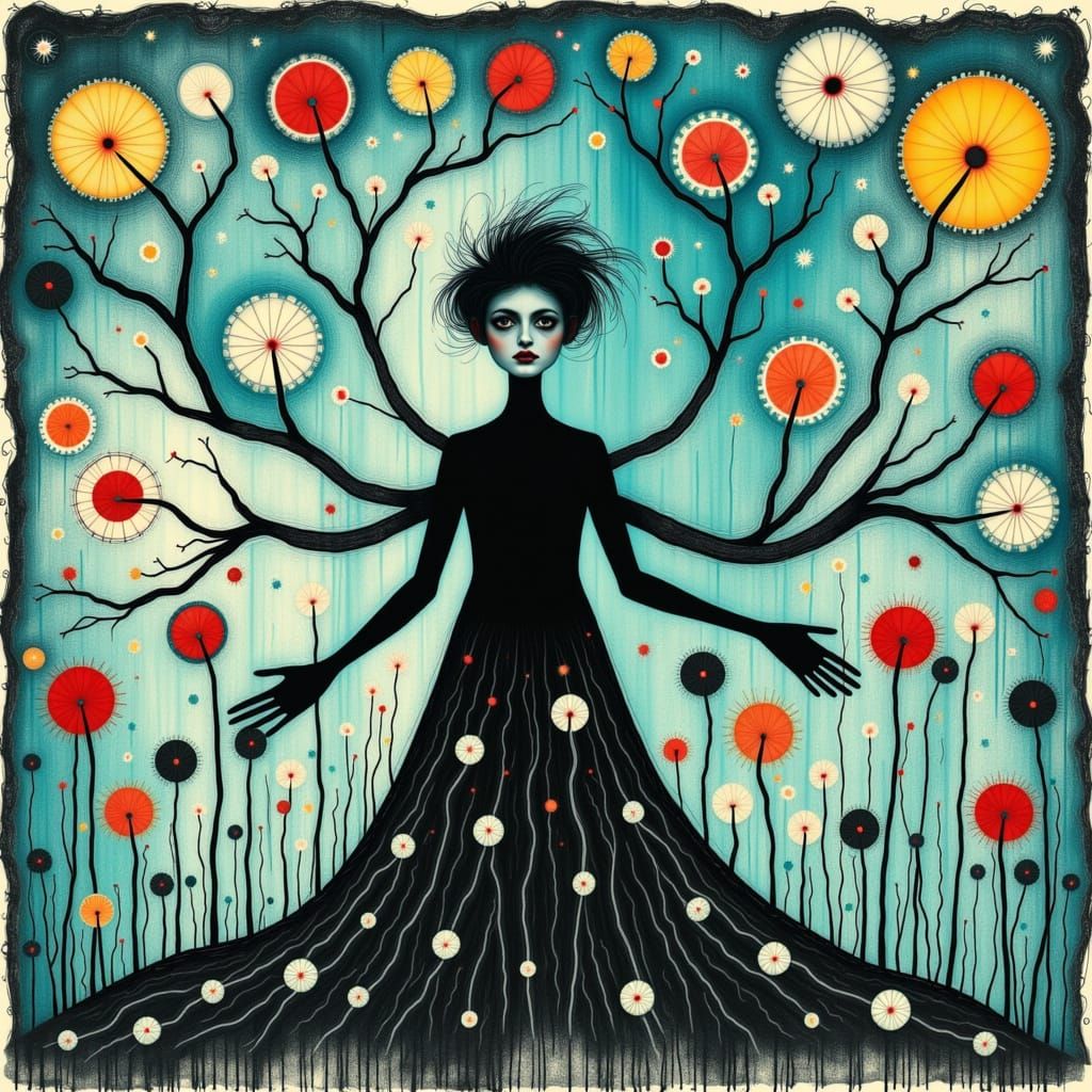 <lora:TriXy Artz:1.0> Oil painting in red black and white  haunting, exploration of identity