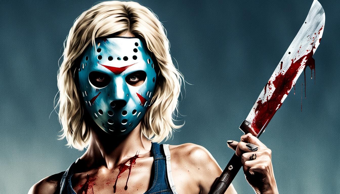 Friday the 13th with Jessica Vorhees wearing a hockey mask