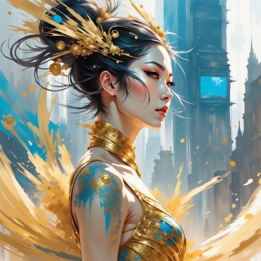 <lora:Genshin Ultra:1.0>; 8k; cell shaded comicbook style; a stunning asian womans face head and shoulders dancer; dance dress; genshin impa...