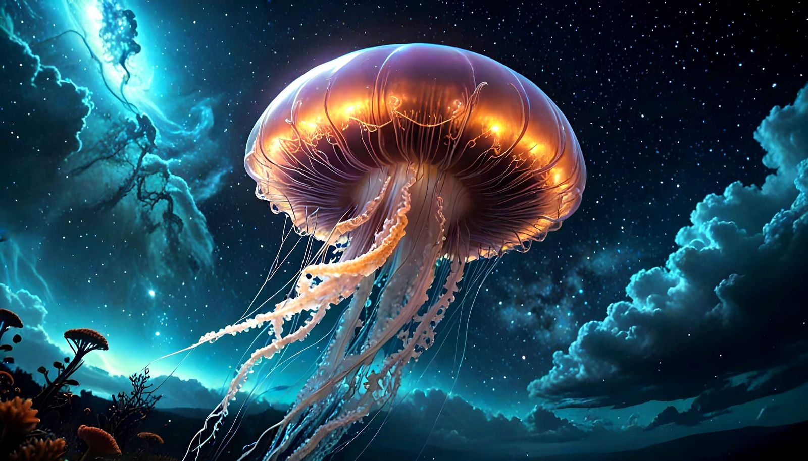 A colossal, bioluminescent jellyfish drifts through a nebulae-filled cosmic ocean, its tendrils trailing stardust. Nebulous clouds of cosmic...
