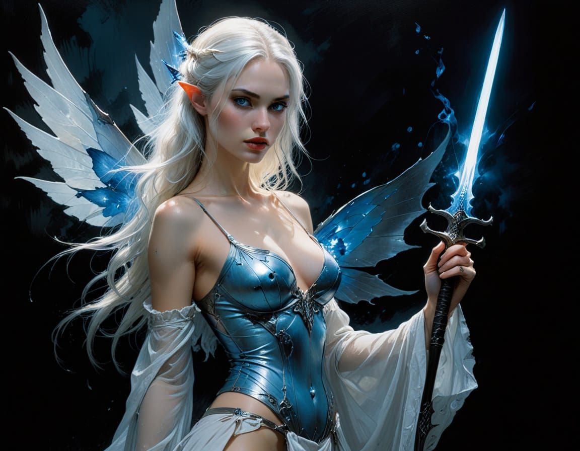 Elegant Dark Fairy with Sword and Wings in Chiaroscuro