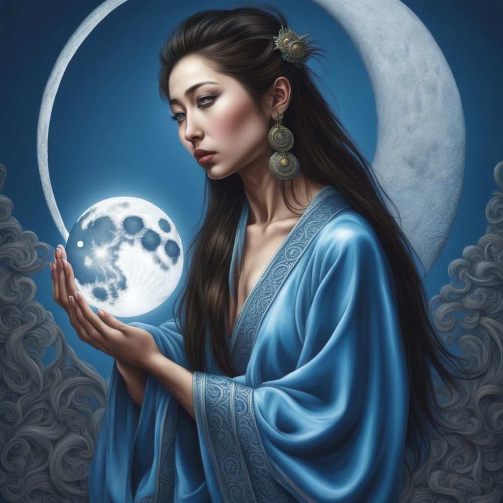 oriental woman with moon and emanating Halo blue hyper reali...